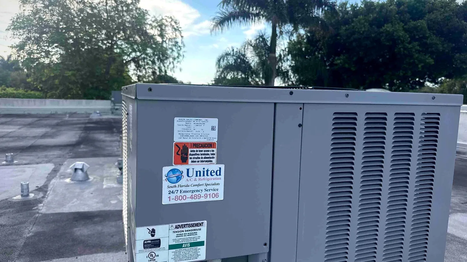 Packaged rooftop air conditioning unit on a flat commercial roof surrounded by palms