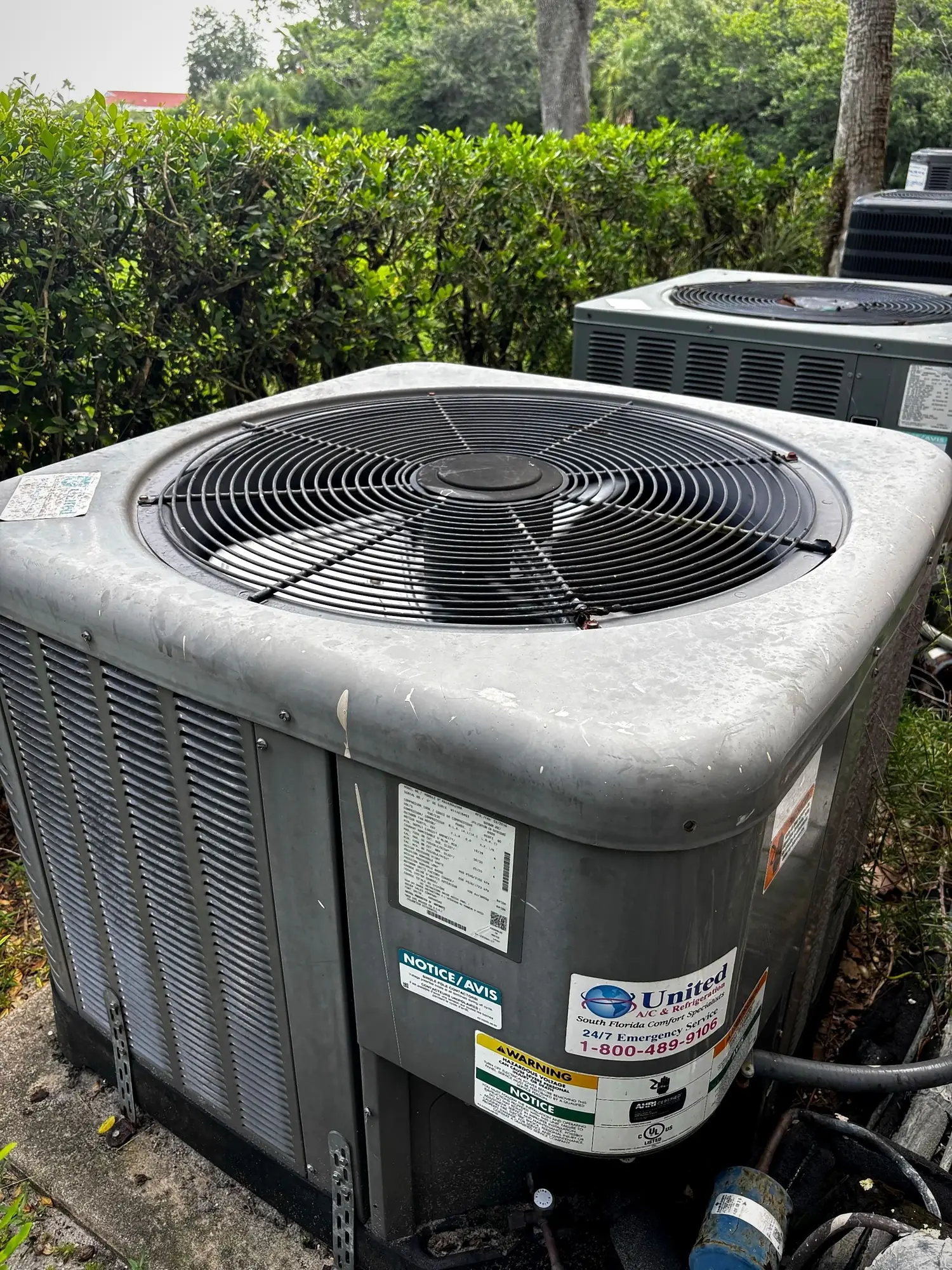 Row of residential condensing units behind a hedge at a multi-unit property