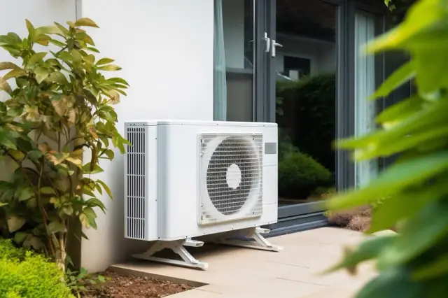 Ductless mini-split outdoor condenser installed beside a home