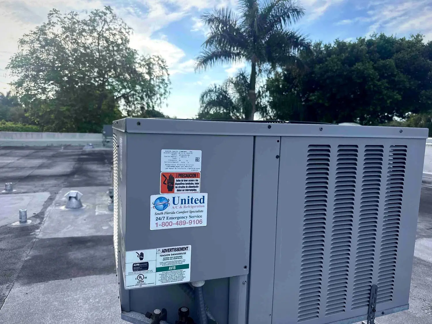 Packaged rooftop air conditioning unit on a flat commercial roof surrounded by palms