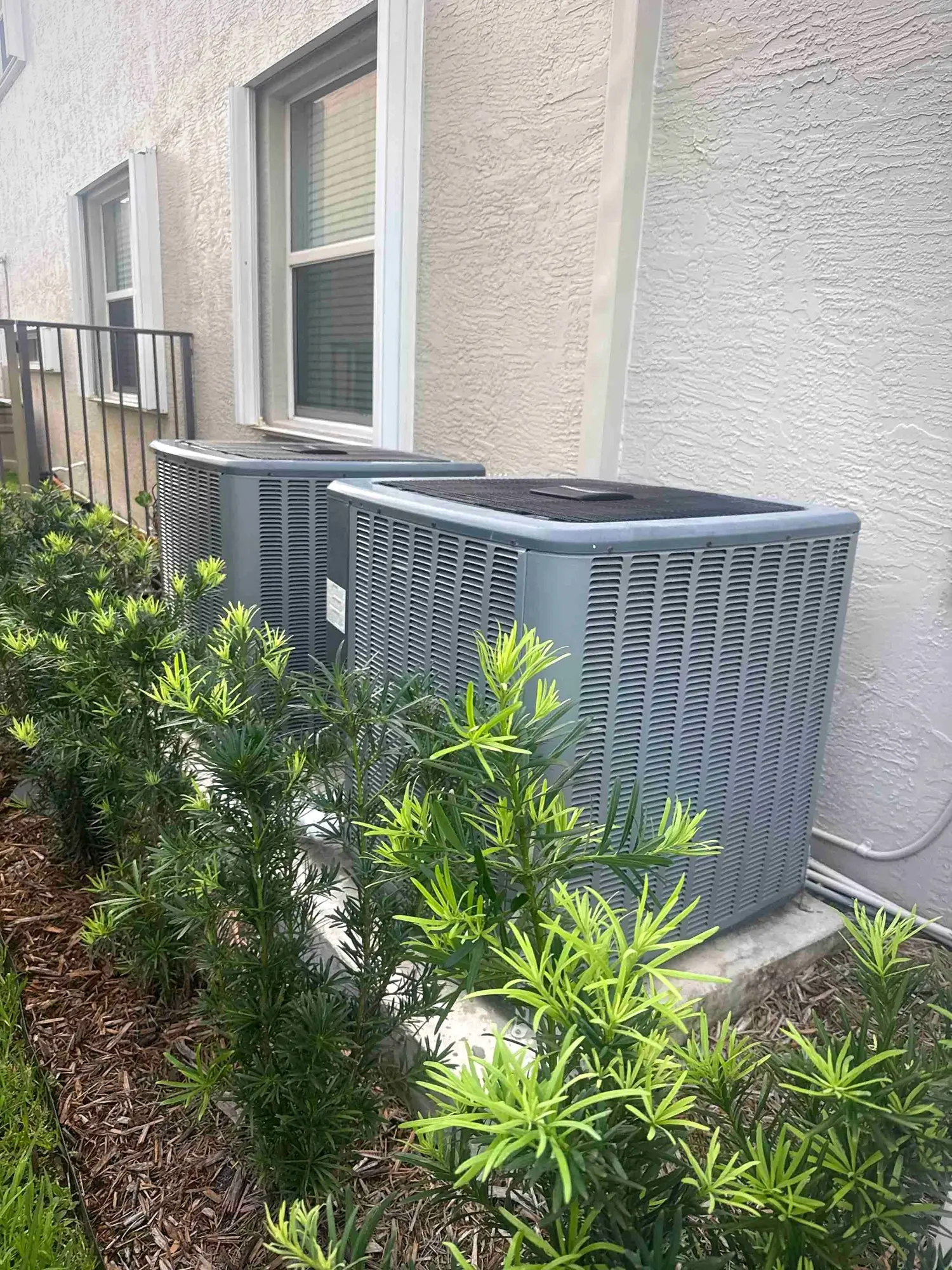Two residential condensers sharing a concrete pad in a landscaped townhome side yard